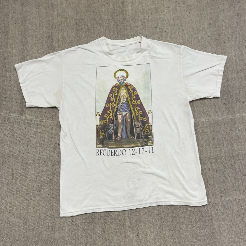RECUERDO shirt mens large white religious-themed graphic dogs‎